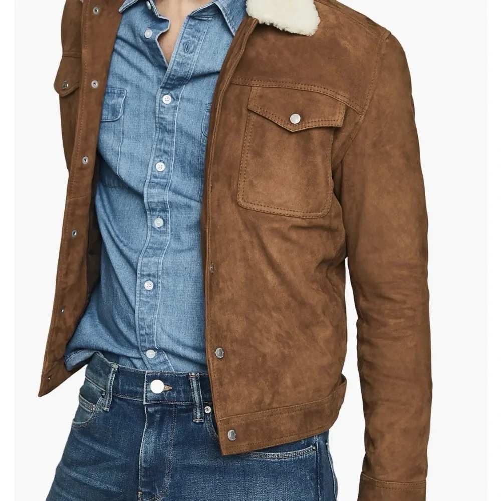 REISS Tobacco Brown Suede Leather Trucker Jacket Shearing Collar Extra Small XS - Picture 13 of 14